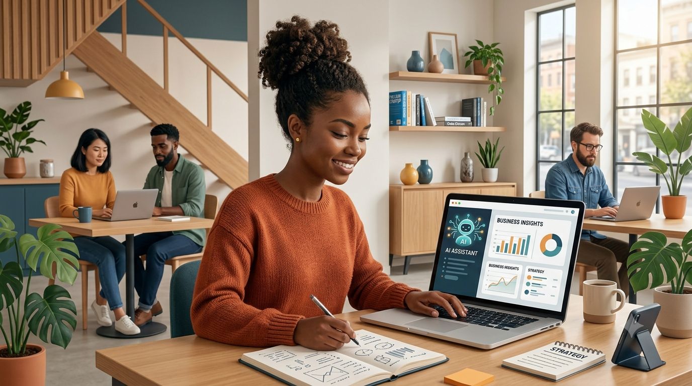 Small business owner using an AI assistant for business insights and strategy on her laptop