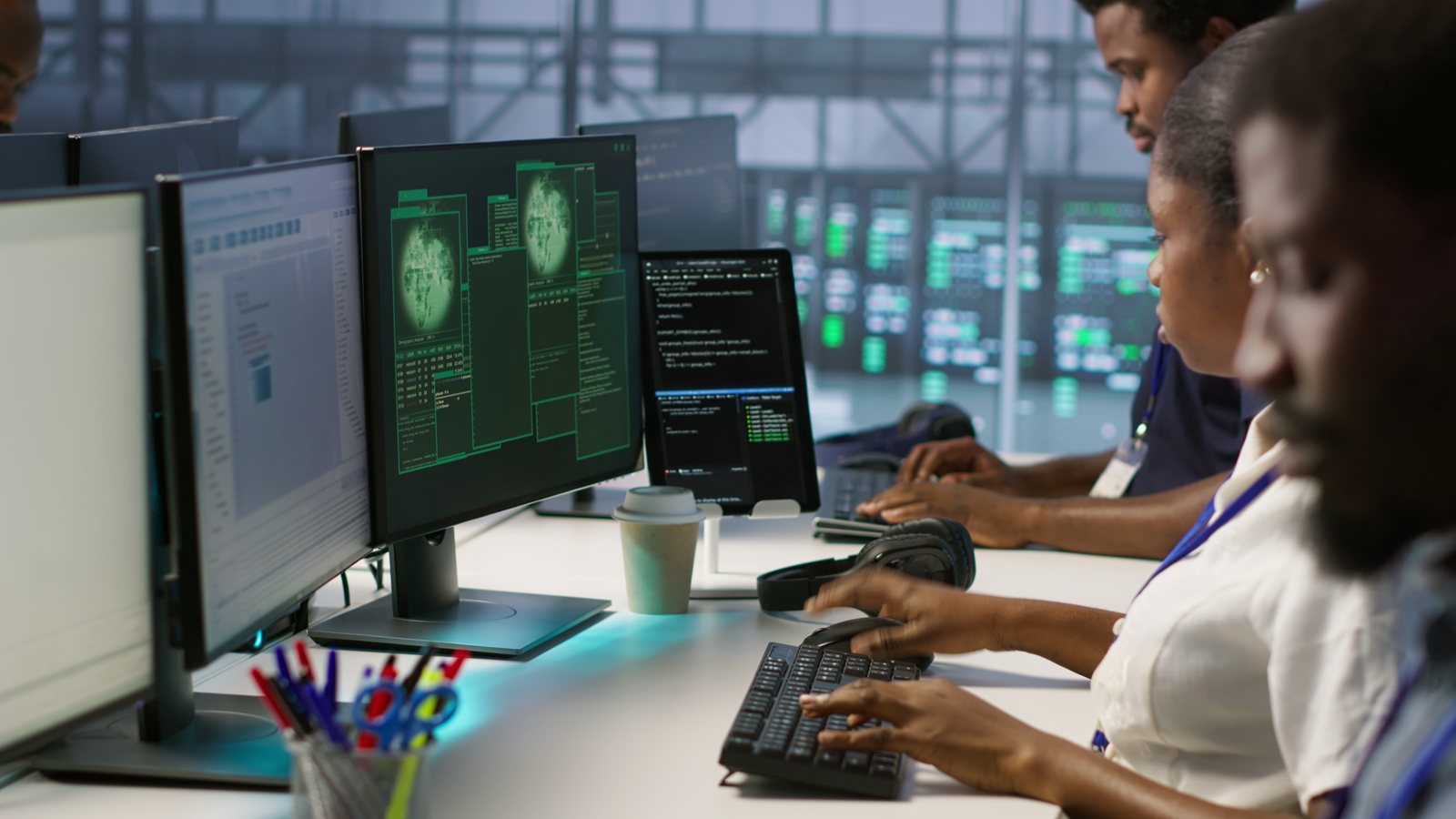 Security analysts monitoring systems and reviewing threats on multiple screens