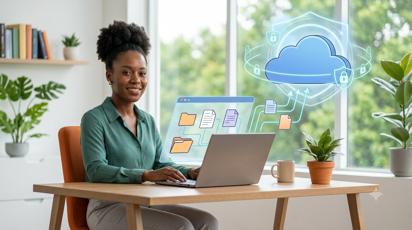 Small business owner backing up her files securely to the cloud