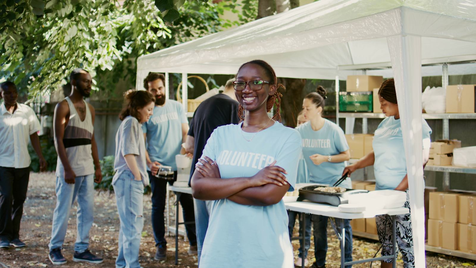 Nonprofit volunteers working together at a community outreach event
